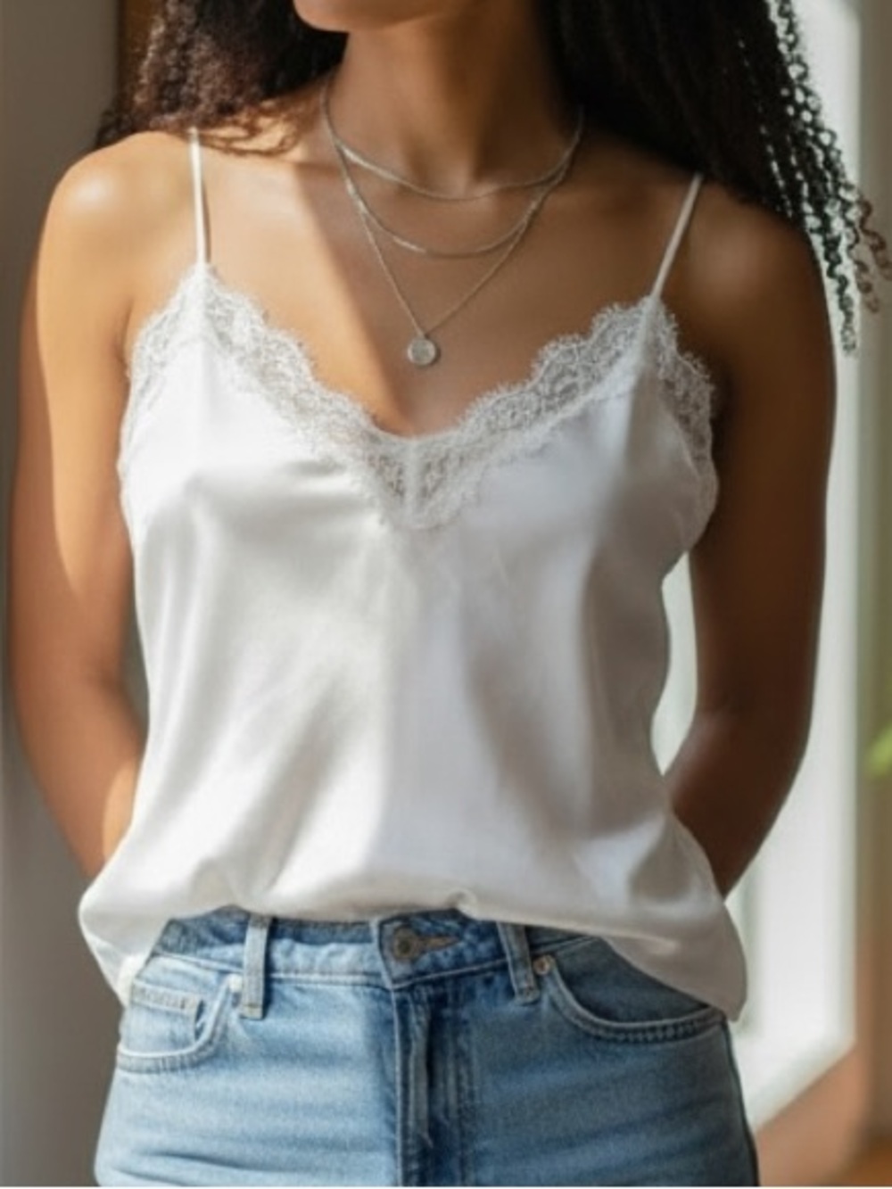 Forever 21 White Frayed Trim Cami Top